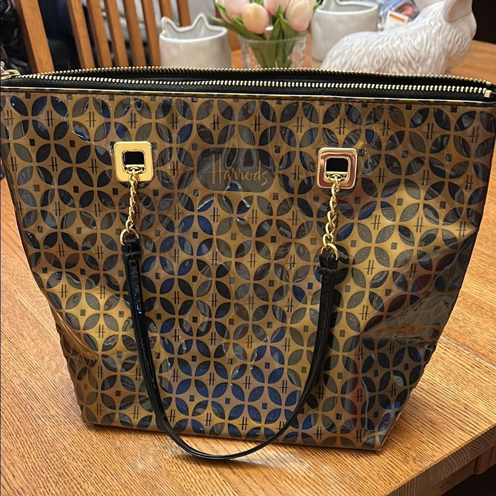 Harrods Elegant Gold and Black Geometric Tote